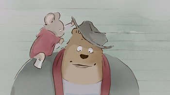 Movie still from “Ernest & Celestine” (2012), directed by Vincent Patar – An illustration of a man and a mouse; Close Up shot, Over the shoulder angle