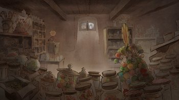Movie still from “Ernest & Celestine” (2012), directed by Vincent Patar – An artistic drawing of a room filled with lots of jars; Wide shot, Low angle