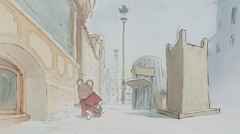 Movie still from “Ernest & Celestine” (2012), directed by Vincent Patar – A mouse is running down the street in the snow; Wide shot, Low angle