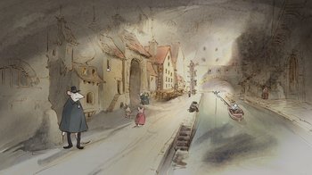 Movie still from “Ernest & Celestine” (2012), directed by Vincent Patar – An artistic painting of a city with a boat on the water; Extreme Wide shot, High angle
