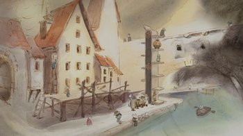 Movie still from “Ernest & Celestine” (2012), directed by Vincent Patar – An illustration of a city with a bunch of people walking around it; Extreme Wide shot, High angle