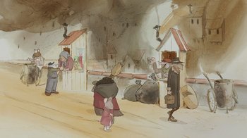 Movie still from “Ernest & Celestine” (2012), directed by Vincent Patar – An illustration of people walking down the street; Extreme Wide shot, High angle