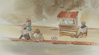 Movie still from “Ernest & Celestine” (2012), directed by Vincent Patar – A mouse and a mouse and a man and a woman and a man and a woman and a man and a mouse; Wide shot, High angle