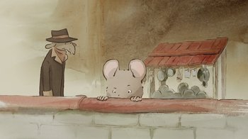 Movie still from “Ernest & Celestine” (2012), directed by Vincent Patar – A mouse is standing on the ledge of a building; Close Up shot, Over the shoulder angle