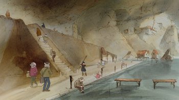 Movie still from “Ernest & Celestine” (2012), directed by Vincent Patar – A painting of people walking down the stairs; Extreme Wide shot, High angle