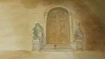 Movie still from “Ernest & Celestine” (2012), directed by Vincent Patar – An illustration of an entrance to a castle; Extreme Wide shot, Low angle