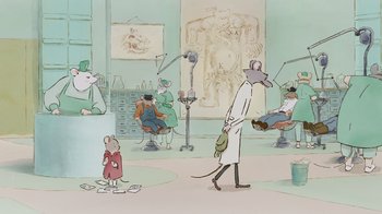 Movie still from “Ernest & Celestine” (2012), directed by Vincent Patar – An animated scene of a mouse in a lab coat; Wide shot, High angle