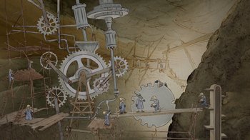 Movie still from “Ernest & Celestine” (2012), directed by Vincent Patar – A painting of a cave with a lot of people in it; Extreme Wide shot, High angle