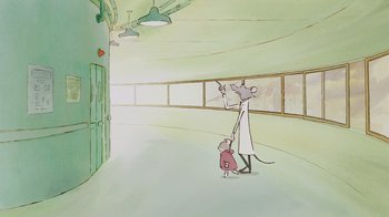 Movie still from “Ernest & Celestine” (2012), directed by Vincent Patar – A cartoon of a mouse and a child in a room; Wide shot, Over the shoulder angle