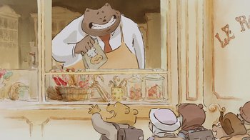 Movie still from “Ernest & Celestine” (2012), directed by Vincent Patar – An illustration of a man in a hat and a tie; Medium shot, Low angle