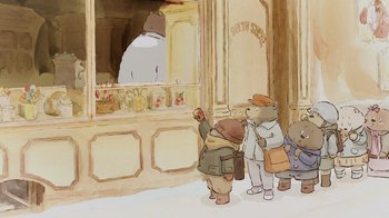 Movie still from “Ernest & Celestine” (2012), directed by Vincent Patar – A group of people that are standing in front of a building; Wide shot, Low angle