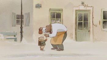 Movie still from “Ernest & Celestine” (2012), directed by Vincent Patar – An animated scene of a man and a child; Medium shot, Over the shoulder angle