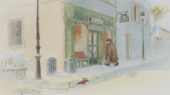 Movie still from “Ernest & Celestine” (2012), directed by Vincent Patar – A man walking down the sidewalk in front of a store; Wide shot, Low angle