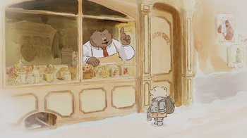 Movie still from “Ernest & Celestine” (2012), directed by Vincent Patar – An illustration of a bear in front of a store window; Medium shot, Over the shoulder angle