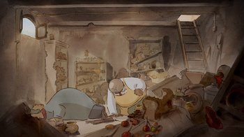 Movie still from “Ernest & Celestine” (2012), directed by Vincent Patar – An artistic rendering of a man in a kitchen; Wide shot, Low angle