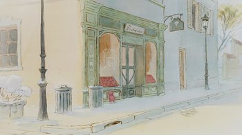 Movie still from “Ernest & Celestine” (2012), directed by Vincent Patar – An illustration of an empty store front on the side of the street; Extreme Wide shot, High angle