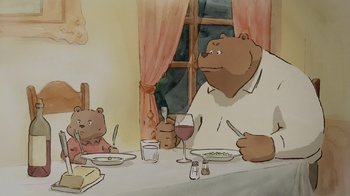 Movie still from “Ernest & Celestine” (2012), directed by Vincent Patar – Two bears are sitting at a dinner table; Medium shot, Low angle