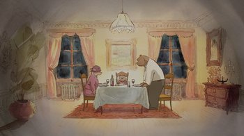 Movie still from “Ernest & Celestine” (2012), directed by Vincent Patar – A couple of people sitting at a dinner table; Wide shot, High angle