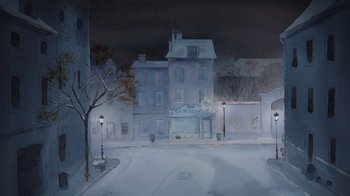 Movie still from “Ernest & Celestine” (2012), directed by Vincent Patar – An oil painting of a street corner with a building in the background; Extreme Wide shot, High angle