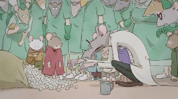 Movie still from “Ernest & Celestine” (2012), directed by Vincent Patar – A cartoon of a group of people and a mouse; Wide shot, High angle