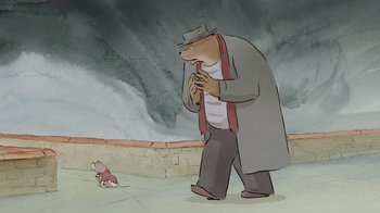 Movie still from “Ernest & Celestine” (2012), directed by Vincent Patar – An animated bear walking next to a small pig; Medium shot, High angle