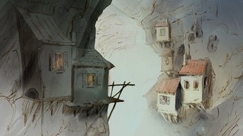 Movie still from “Ernest & Celestine” (2012), directed by Vincent Patar – A painting of two houses in the middle of a river; Extreme Wide shot, High angle