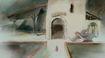 Movie still from “Ernest & Celestine” (2012), directed by Vincent Patar – A painting of a cat and a mouse in a courtyard; Extreme Wide shot, High angle