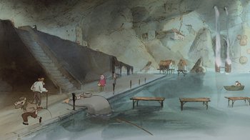Movie still from “Ernest & Celestine” (2012), directed by Vincent Patar – An artistic drawing of a river with a person standing on it; Extreme Wide shot, High angle