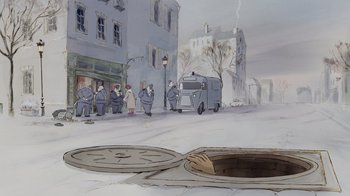 Movie still from “Ernest & Celestine” (2012), directed by Vincent Patar – An animated scene of a street scene with a person in a hole; Wide shot, High angle