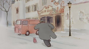Movie still from “Ernest & Celestine” (2012), directed by Vincent Patar – A cartoon of a man walking down the street with a pink van; Wide shot, Over the shoulder angle