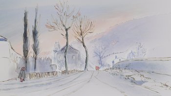 Movie still from “Ernest & Celestine” (2012), directed by Vincent Patar – A painting of a road with a house in the background; Extreme Wide shot, Low angle