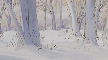 Movie still from “Ernest & Celestine” (2012), directed by Vincent Patar – A painting of trees and bushes in the snow; Extreme Wide shot, Low angle