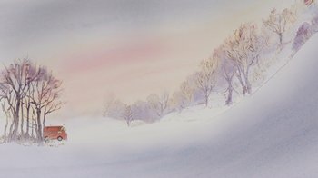 Movie still from “Ernest & Celestine” (2012), directed by Vincent Patar – A painting of trees in the snow on a hill; Extreme Wide shot, Low angle