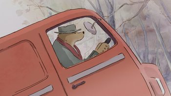 Movie still from “Ernest & Celestine” (2012), directed by Vincent Patar – A cartoon of a dog in the driver's seat of a red car; Close Up shot, Low angle