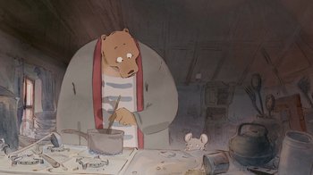 Movie still from “Ernest & Celestine” (2012), directed by Vincent Patar – An illustration of a bear and a mouse in a kitchen; Medium shot, High angle