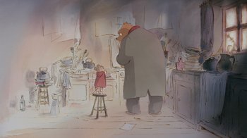 Movie still from “Ernest & Celestine” (2012), directed by Vincent Patar – An animated scene of a man and a child; Wide shot, Low angle