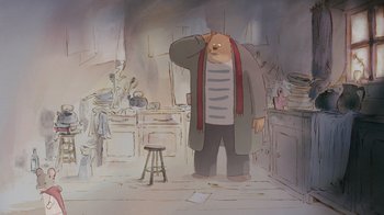 Movie still from “Ernest & Celestine” (2012), directed by Vincent Patar – An animated bear standing in a room next to a stool; Medium shot, Over the shoulder angle