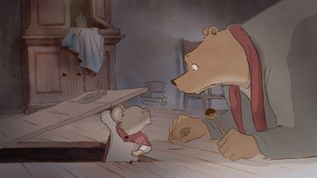 Movie still from “Ernest & Celestine” (2012), directed by Vincent Patar – A cartoon of a mouse and a brown bear in a room; Wide shot, High angle