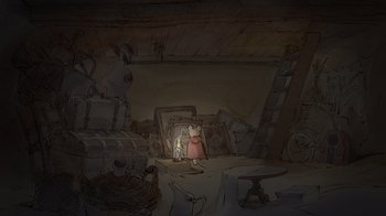 Movie still from “Ernest & Celestine” (2012), directed by Vincent Patar – An artistic drawing of a girl in a pink dress; Wide shot, High angle