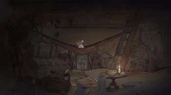 Movie still from “Ernest & Celestine” (2012), directed by Vincent Patar – An artistic drawing of a room with a person in a hammock in it; Wide shot, High angle