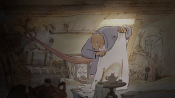 Movie still from “Ernest & Celestine” (2012), directed by Vincent Patar – An illustration of a bear holding a towel in a room; Wide shot, Over the shoulder angle