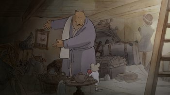 Movie still from “Ernest & Celestine” (2012), directed by Vincent Patar – An animated bear and mouse in a room; Wide shot, Over the shoulder angle