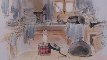 Movie still from “Ernest & Celestine” (2012), directed by Vincent Patar – An artistic drawing of a room with a drum and a umbrella; Wide shot, High angle