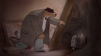 Movie still from “Ernest & Celestine” (2012), directed by Vincent Patar – An animated picture of a man with a clown nose looking at a mouse; Close Up shot, Low angle