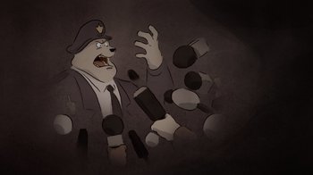 Movie still from “Ernest & Celestine” (2012), directed by Vincent Patar – An animated picture of a man in a hat surrounded by microphones; Extreme Close Up shot, High angle