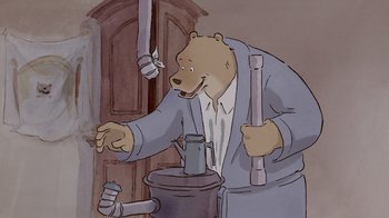 Movie still from “Ernest & Celestine” (2012), directed by Vincent Patar – A cartoon of a man in a robe and a bear; Medium shot, Low angle