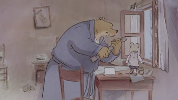 Movie still from “Ernest & Celestine” (2012), directed by Vincent Patar – A cartoon of a bear in a robe holding a tooth brush; Medium shot, Over the shoulder angle