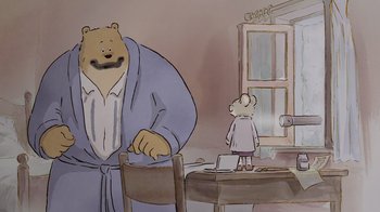 Movie still from “Ernest & Celestine” (2012), directed by Vincent Patar – A cartoon of a bear and a mouse in a room; Medium shot, Low angle