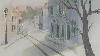 Movie still from “Ernest & Celestine” (2012), directed by Vincent Patar – An artistic drawing of a street scene with buildings and trees; Extreme Wide shot, High angle