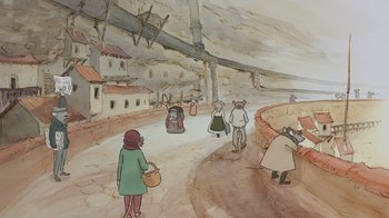 Movie still from “Ernest & Celestine” (2012), directed by Vincent Patar – A group of people walking down a street; Extreme Wide shot, High angle
